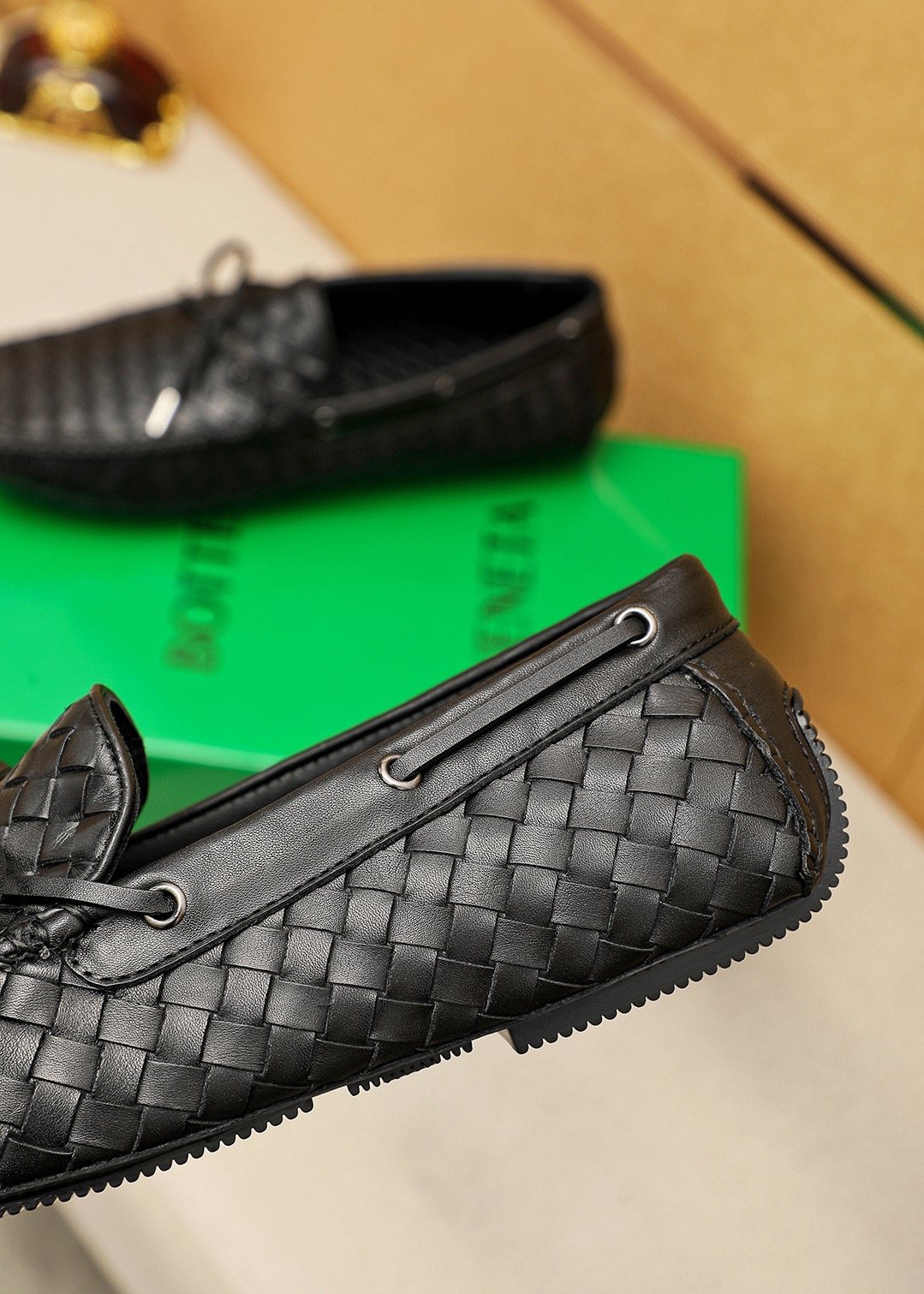 Bottega Veneta Black Woven Lace-Up Loafers — detail