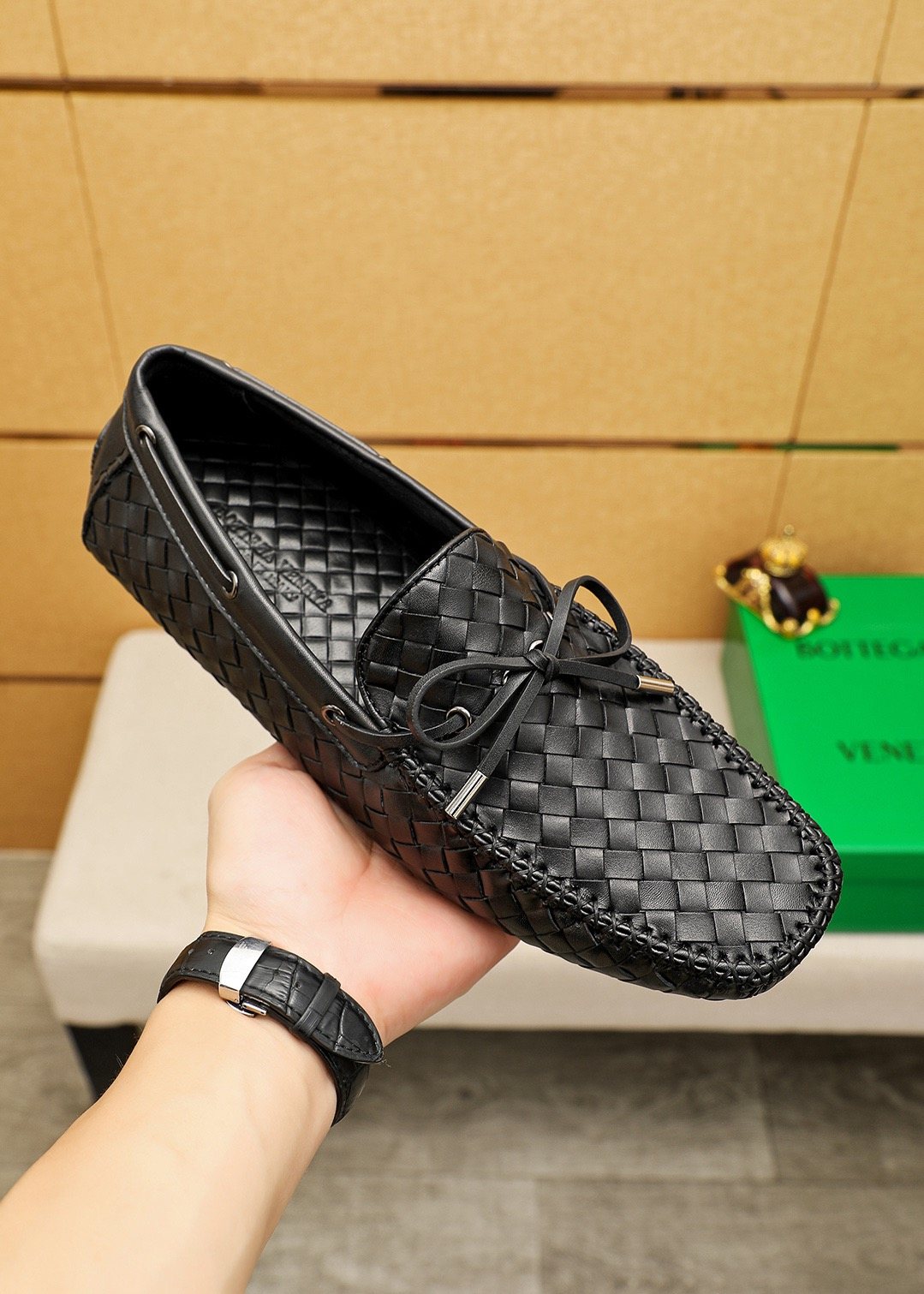 Bottega Veneta Black Woven Lace-Up Loafers — model