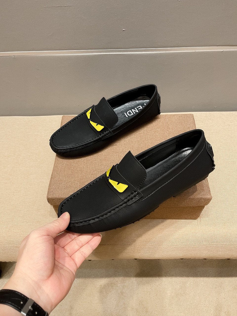 Fendi Black Yellow Accent Loafers — side