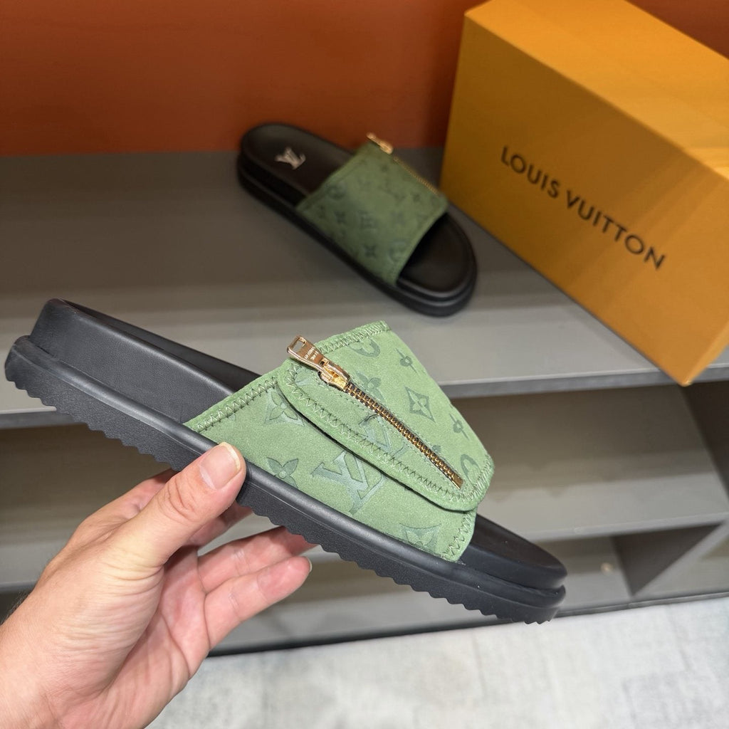 Louis Vuitton Light Green Patterned Slide Sandals — side