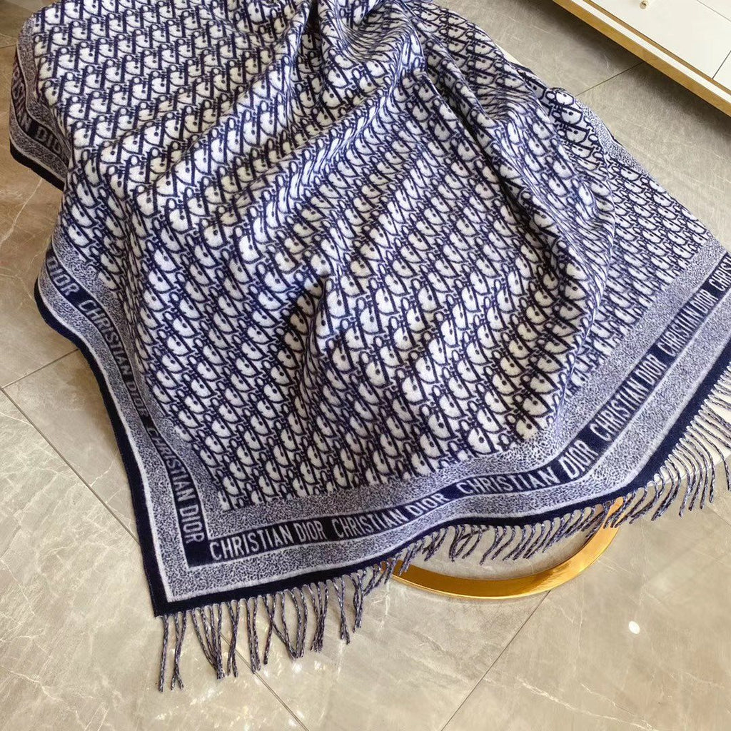 Dior Navy Blue & Ivory Fringed Scarf — detail