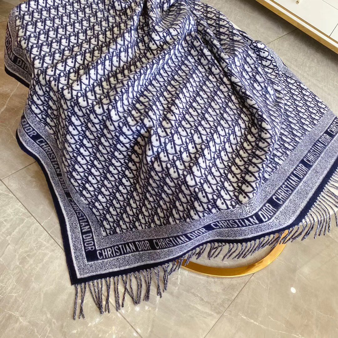 Dior Navy Blue & Ivory Fringed Scarf — detail