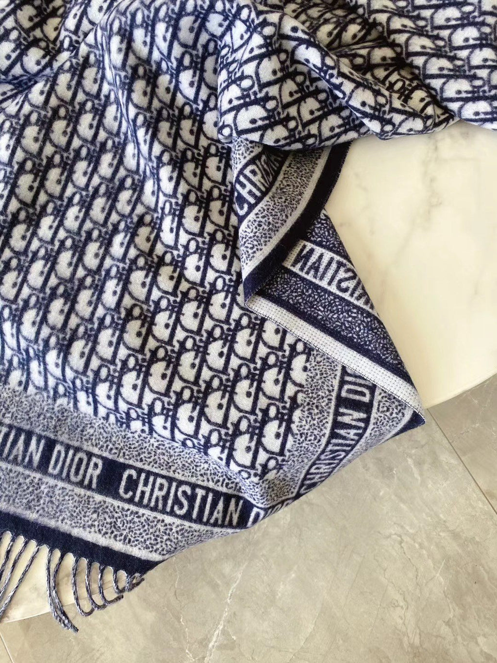 Dior Navy Blue & Ivory Fringed Scarf — detail