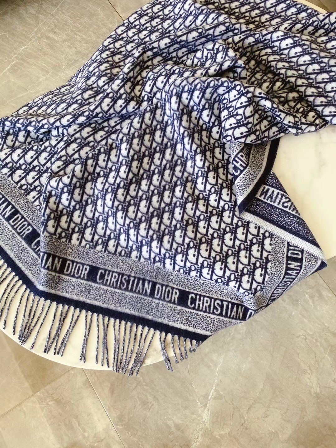 Dior Navy Blue & Ivory Fringed Scarf — detail
