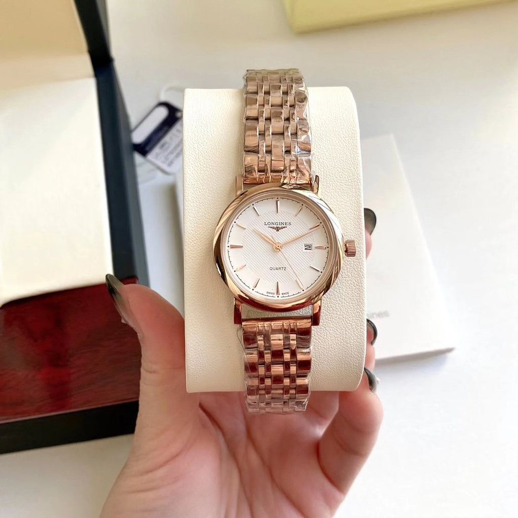 Longines Rose Gold Silver Bracelet Couple Watch Set — detail