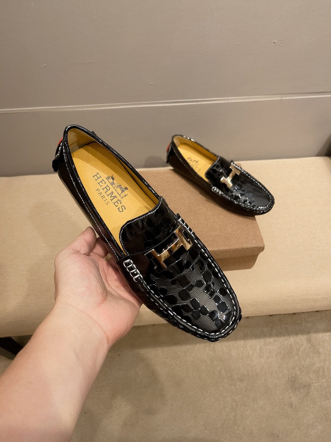 Hermès Black Textured Loafers — front