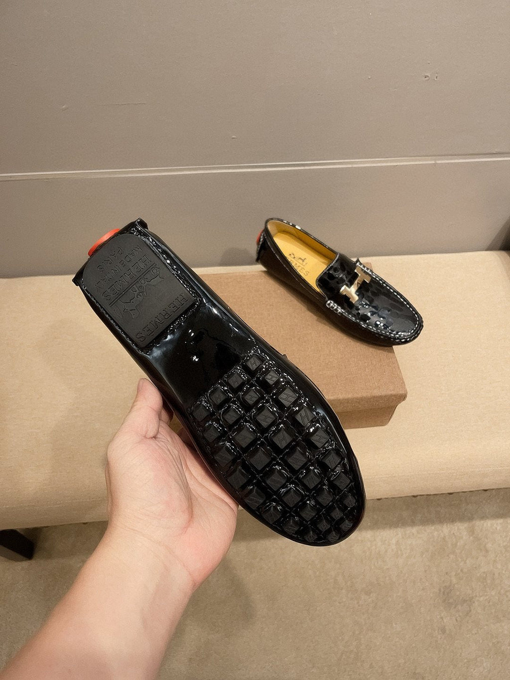 Hermès Black Textured Loafers — back