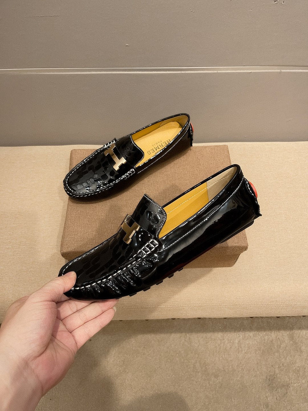 Hermès Black Textured Loafers — front