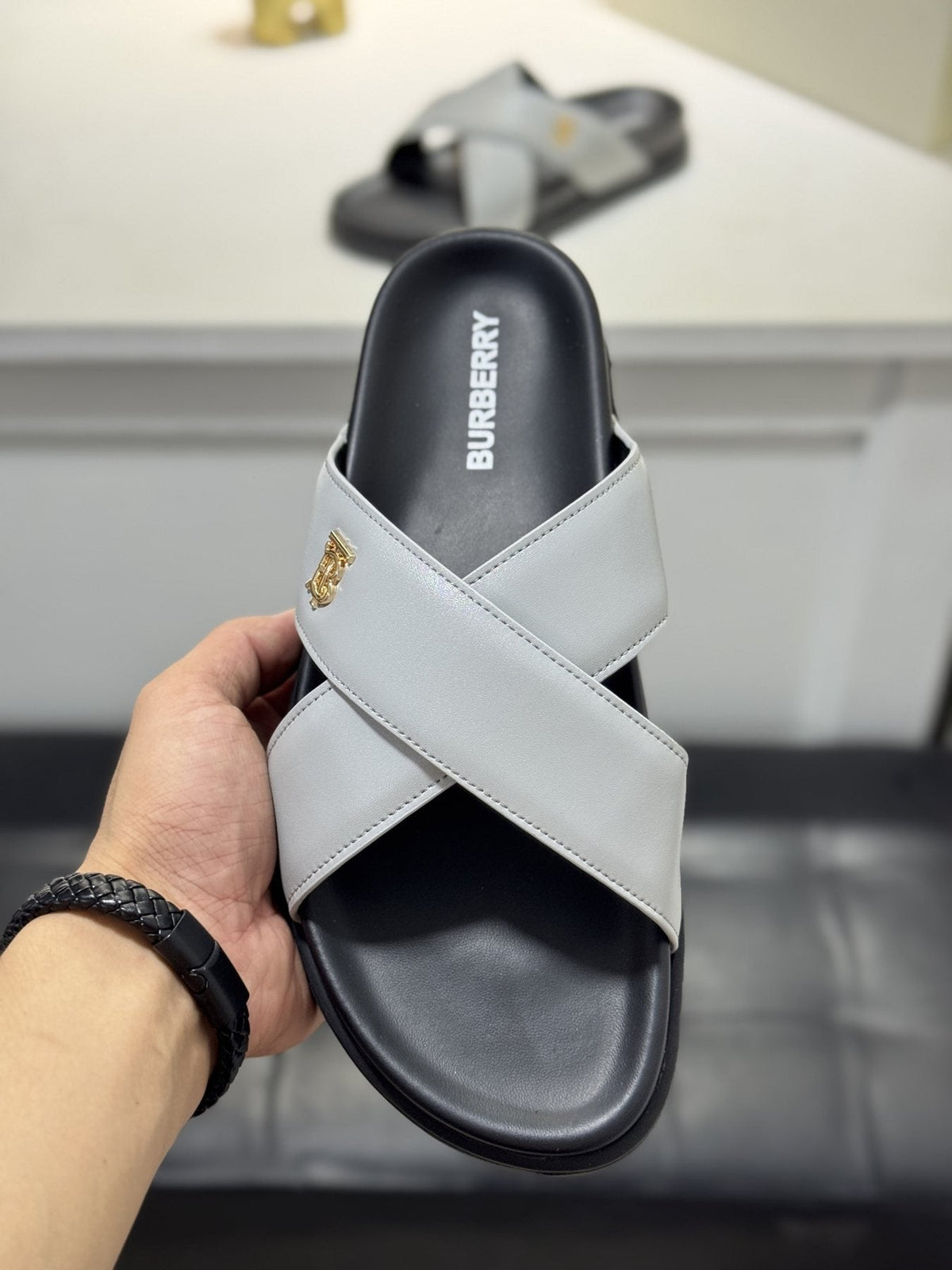 Burberry Light Gray Cross-Strap Slide Sandals — front