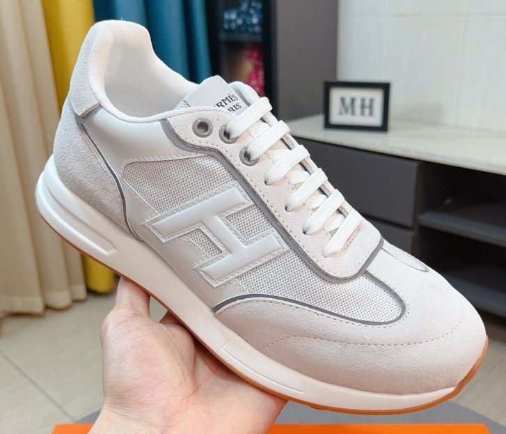 Hermès White and Light Gray Low-Top Sneakers — front