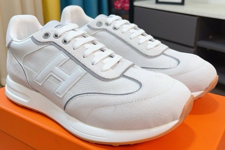 Hermès White and Light Gray Low-Top Sneakers — front