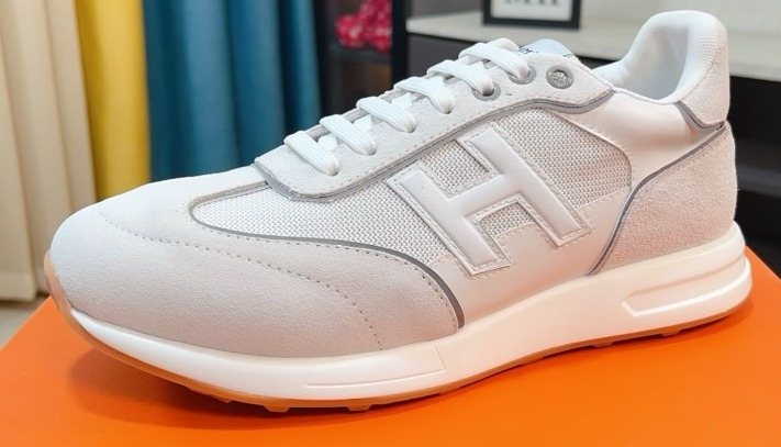 Hermès White and Light Gray Low-Top Sneakers — hero