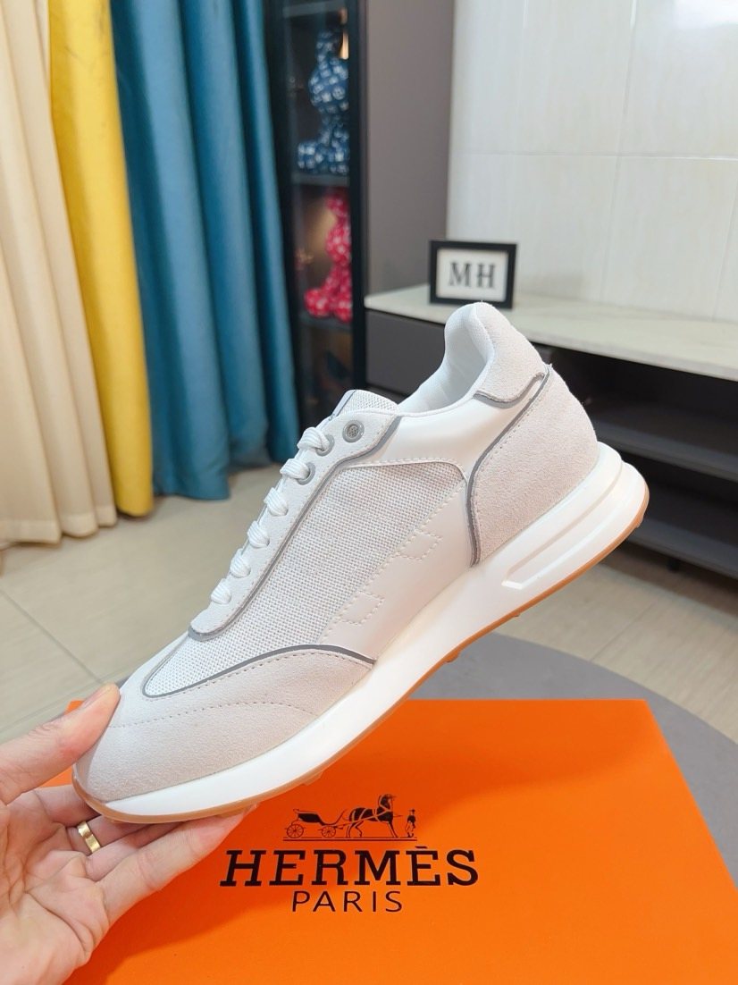 Hermès White and Light Gray Low-Top Sneakers — side