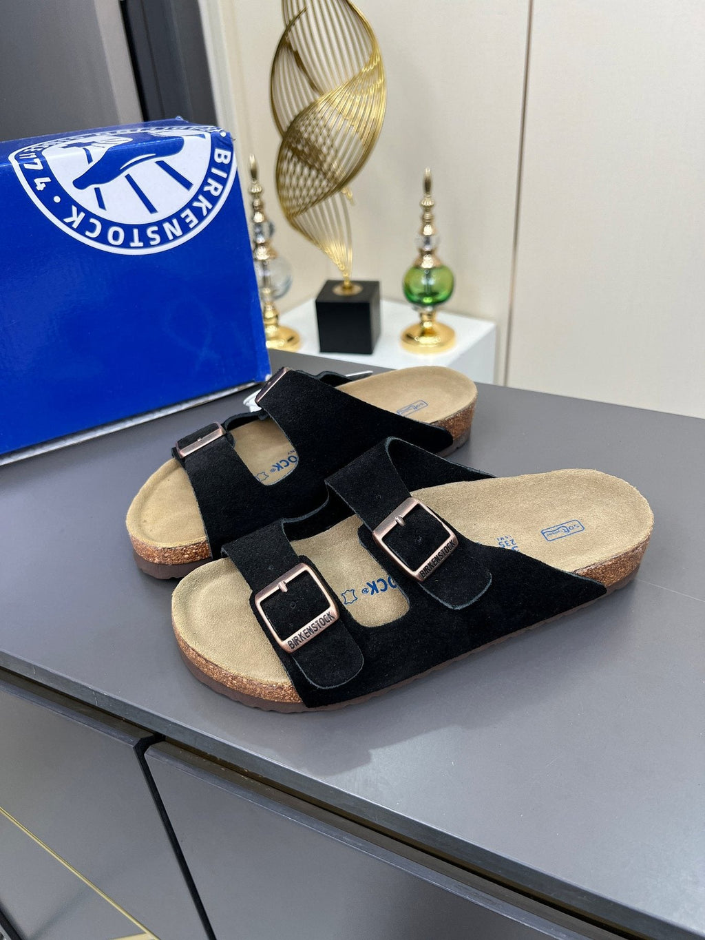 Birkenstock Black Two-Strap Slide Sandals — front