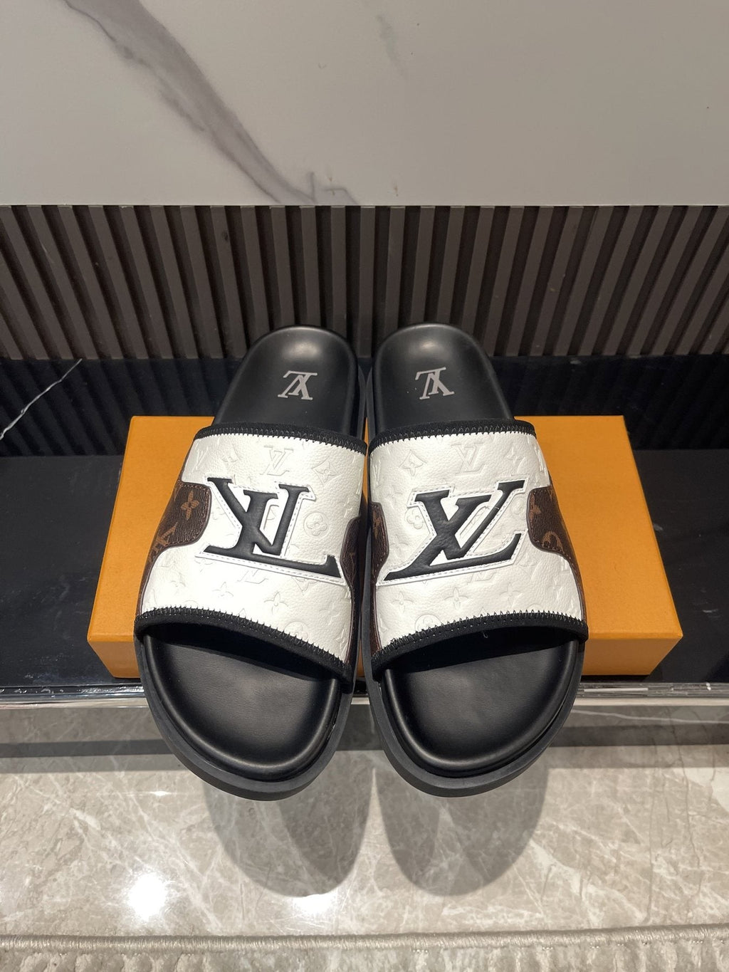 Louis Vuitton Brown Patterned Slide Sandals — front