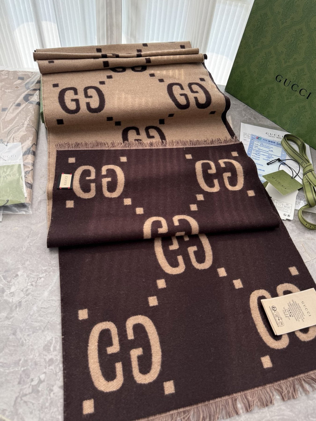 Gucci Dark Brown & Beige Fringed Scarf — front