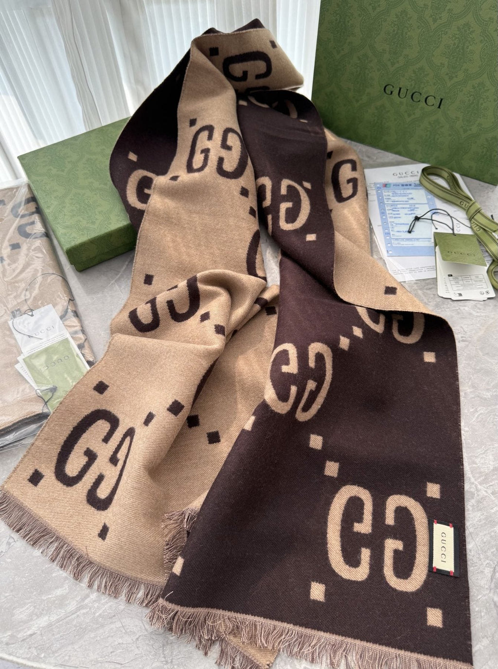 Gucci Dark Brown & Beige Fringed Scarf — side