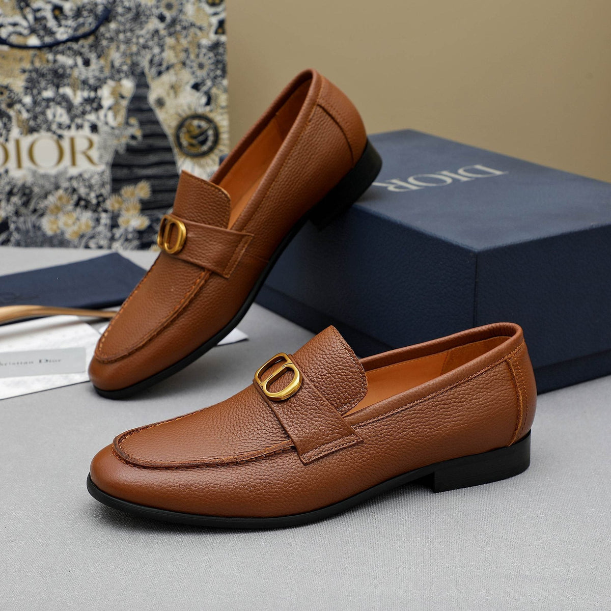 Dior Cognac Brown Pebbled Men's Loafers — hero