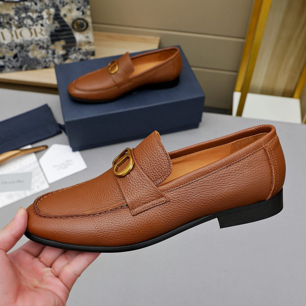 Dior Cognac Brown Pebbled Men's Loafers — side