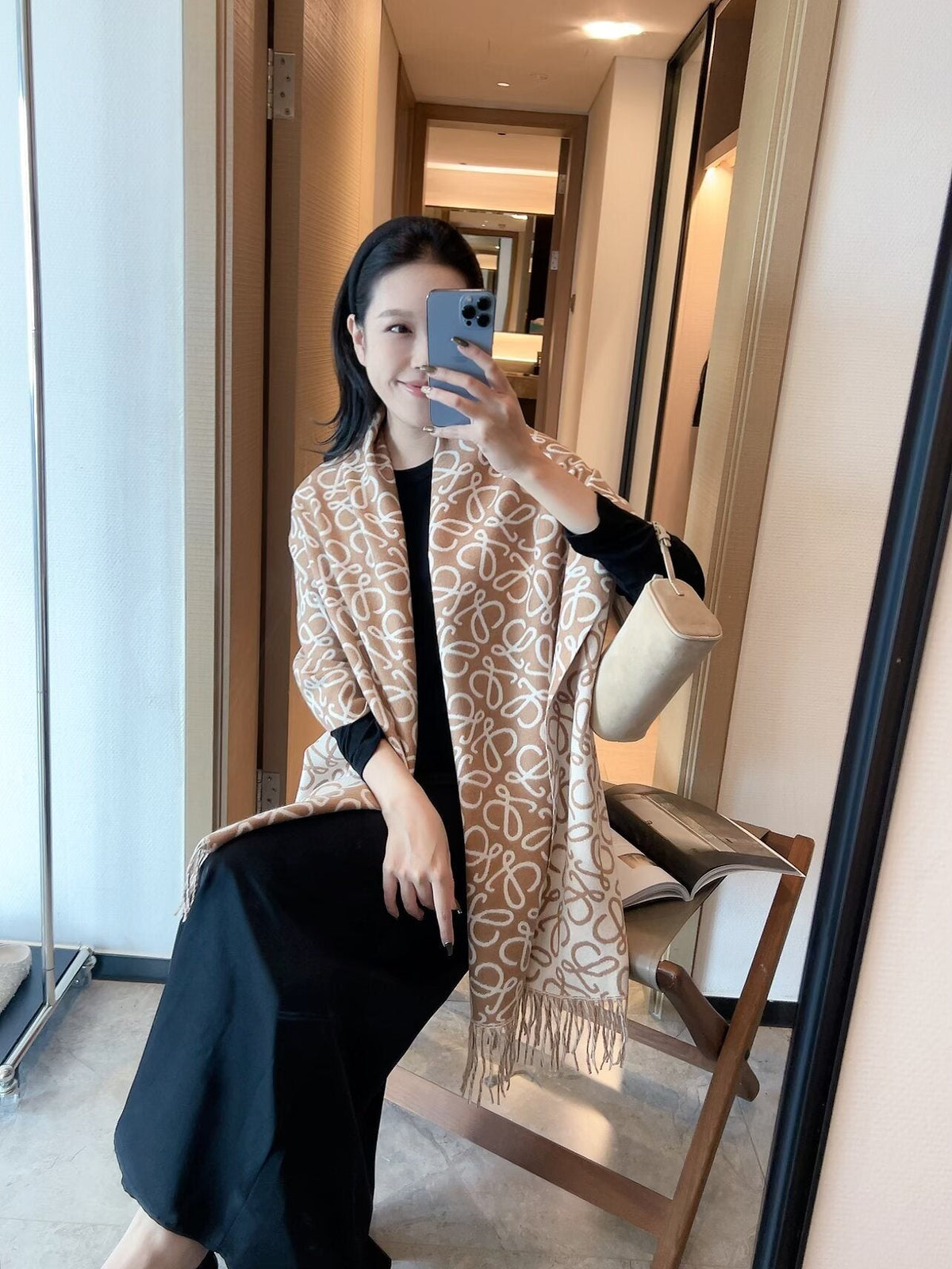 Loewe Khaki Brown Fringed Wool Scarf — model
