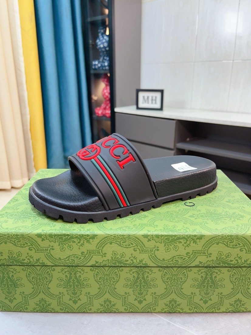 Gucci Black Red Green Striped Slide Sandals — front