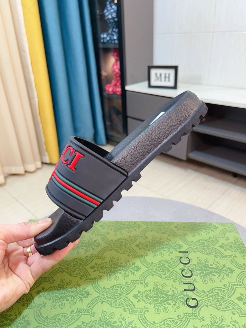 Gucci Black Red Green Striped Slide Sandals — side
