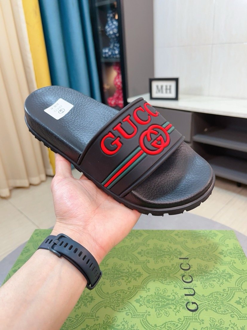 Gucci Black Red Green Striped Slide Sandals — model