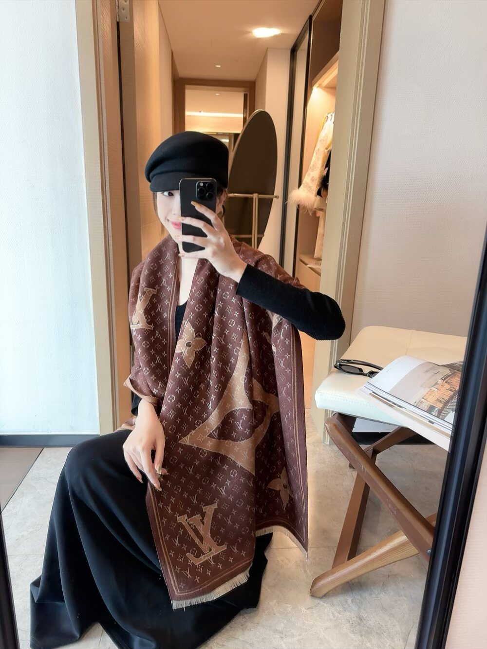 Louis Vuitton Monogram-Style Fringe Scarf — model