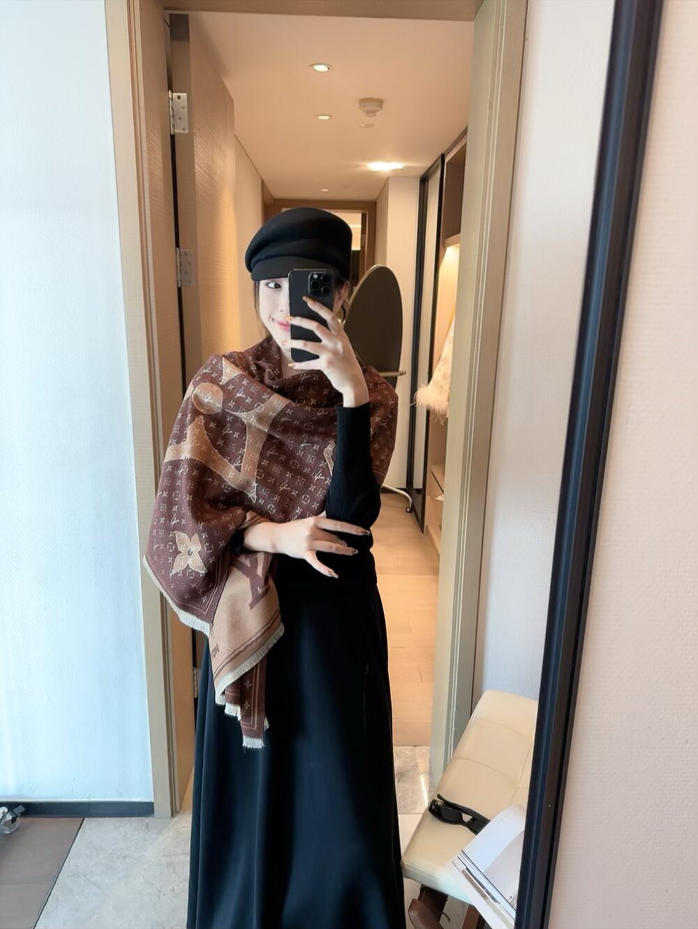 Louis Vuitton Monogram Floral Fringe Scarf — model