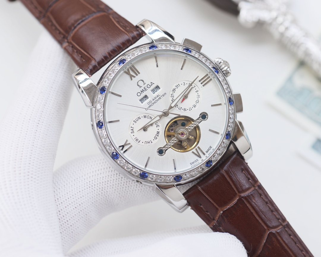 OMEGA Brown Silver White Dial Strap Watch — hero