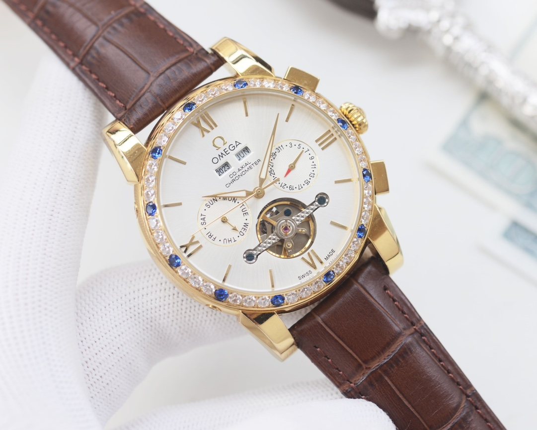 OMEGA Brown Gold White Dial Strap Watch — hero