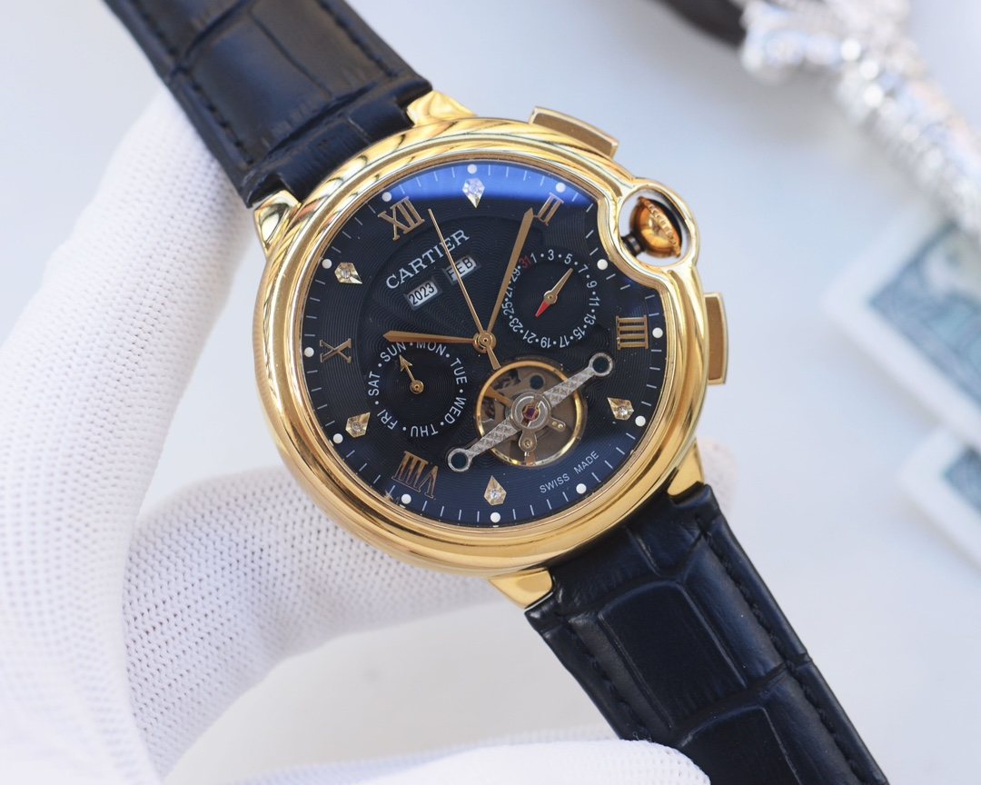 Cartier Gold Black Dial Strap Watch — front