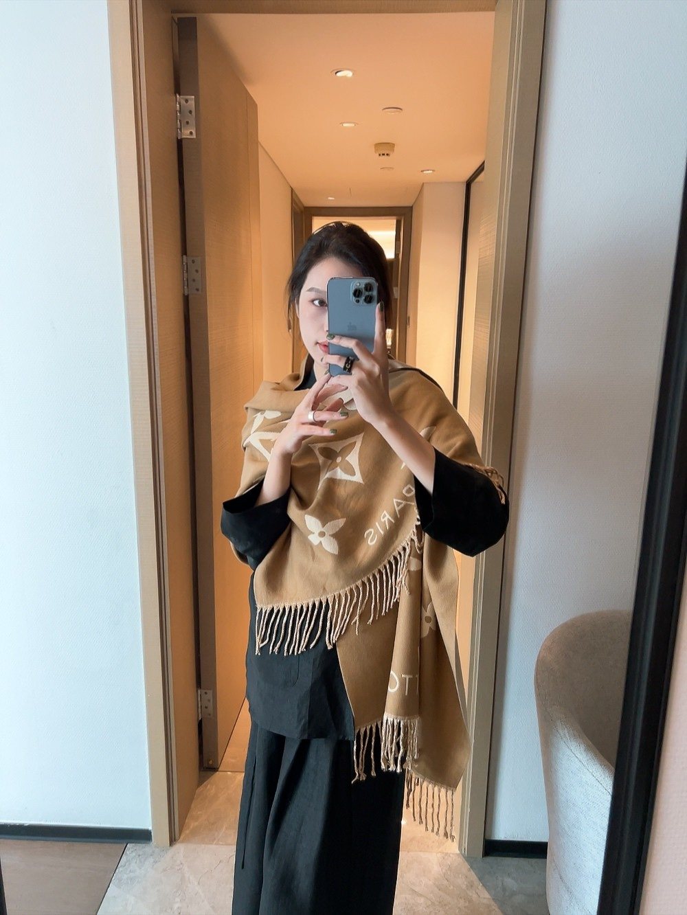 Louis Vuitton Floral Fringed Scarf — model