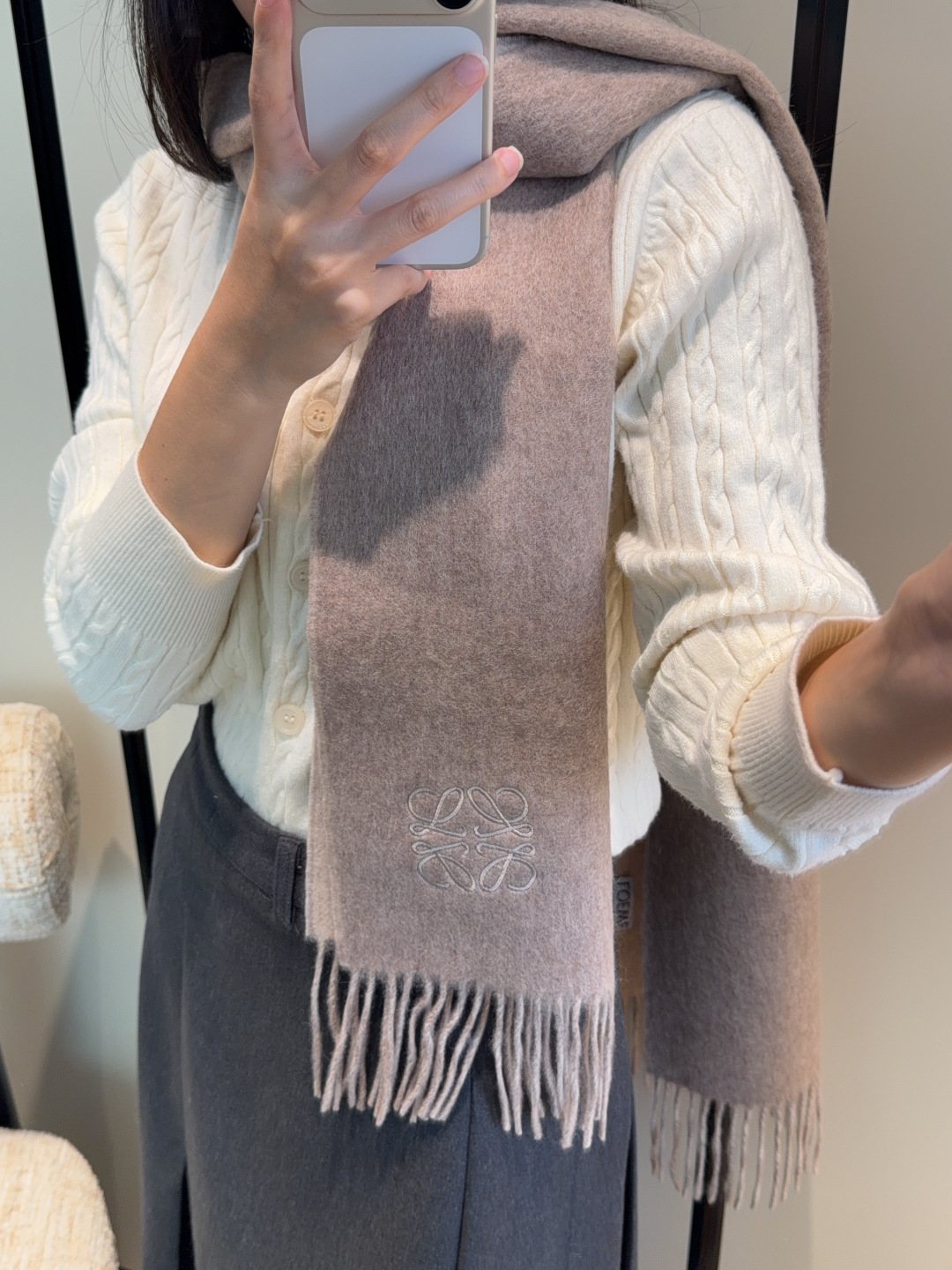 Loewe Taupe Gray and Light Beige Fringed Scarf — model