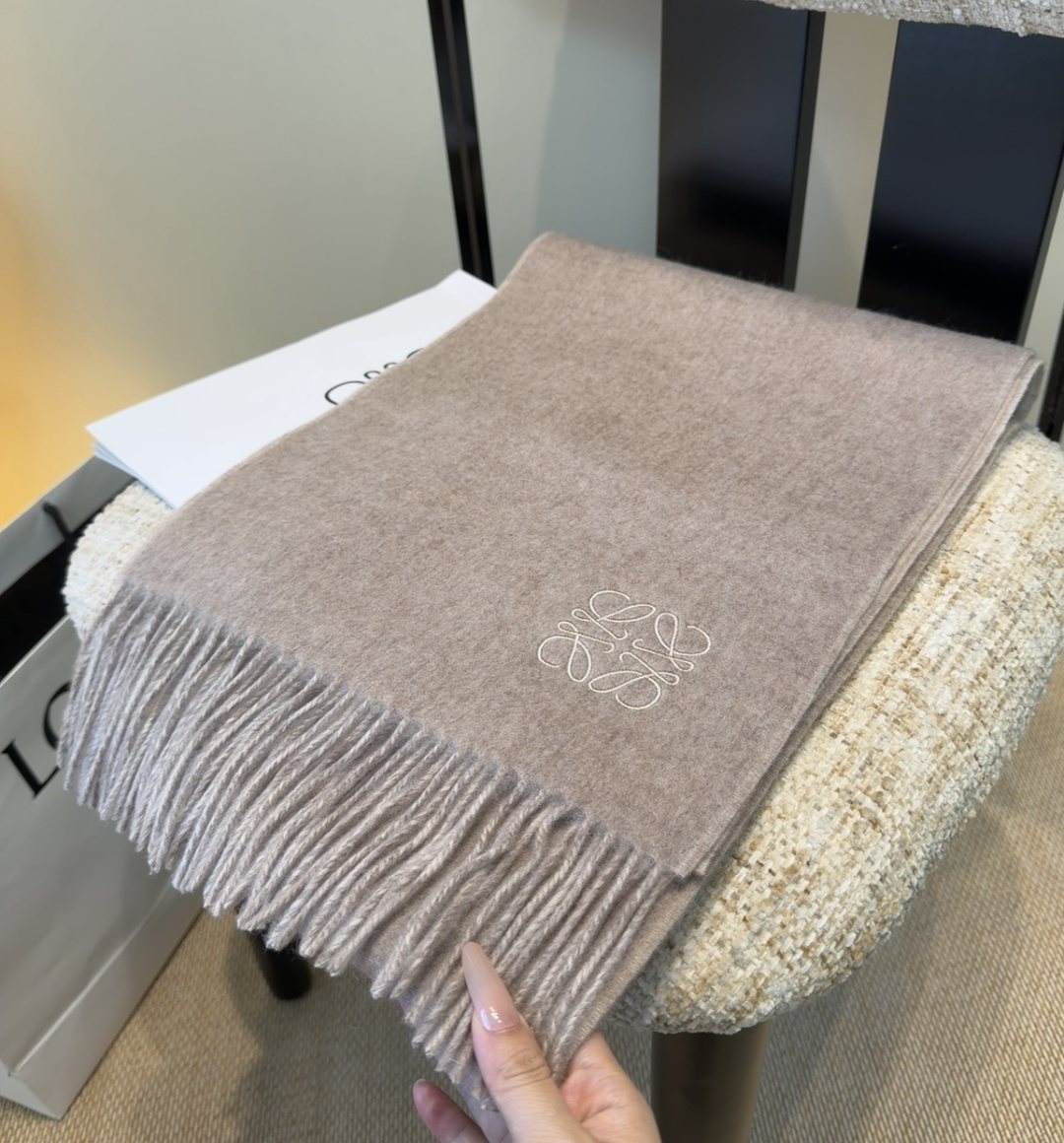 Loewe Taupe Gray and Light Beige Fringed Scarf — front