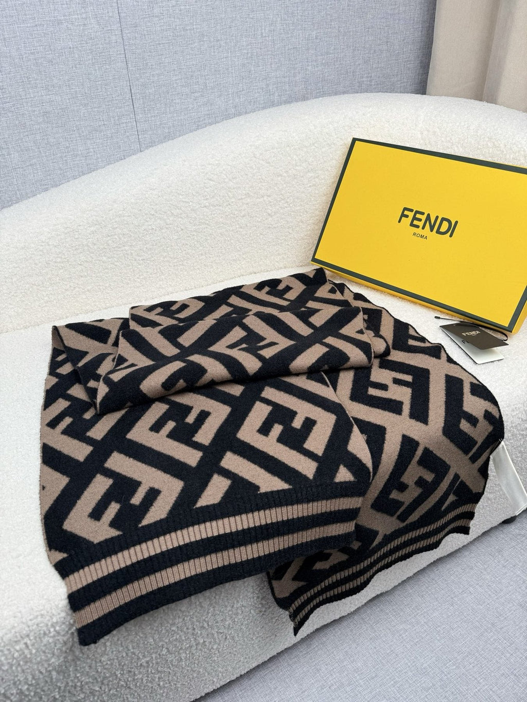 Fendi Brown and Black Geometric Knit Scarf — front