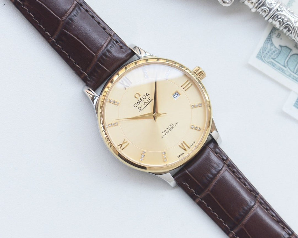 OMEGA Gold Brown White Dial Leather Strap Watch — hero