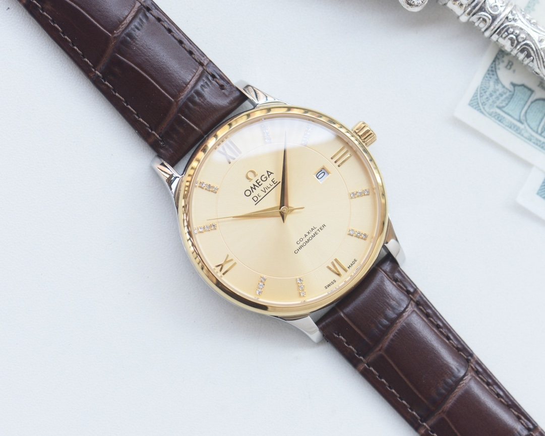 OMEGA Gold Brown White Dial Leather Strap Watch — hero