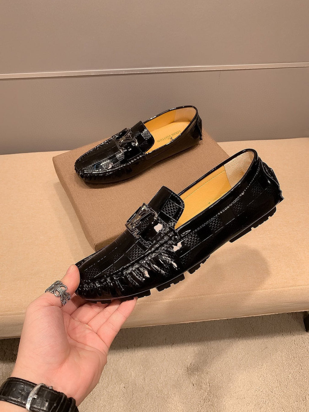 Louis Vuitton Black Glossy Buckle Loafers — model