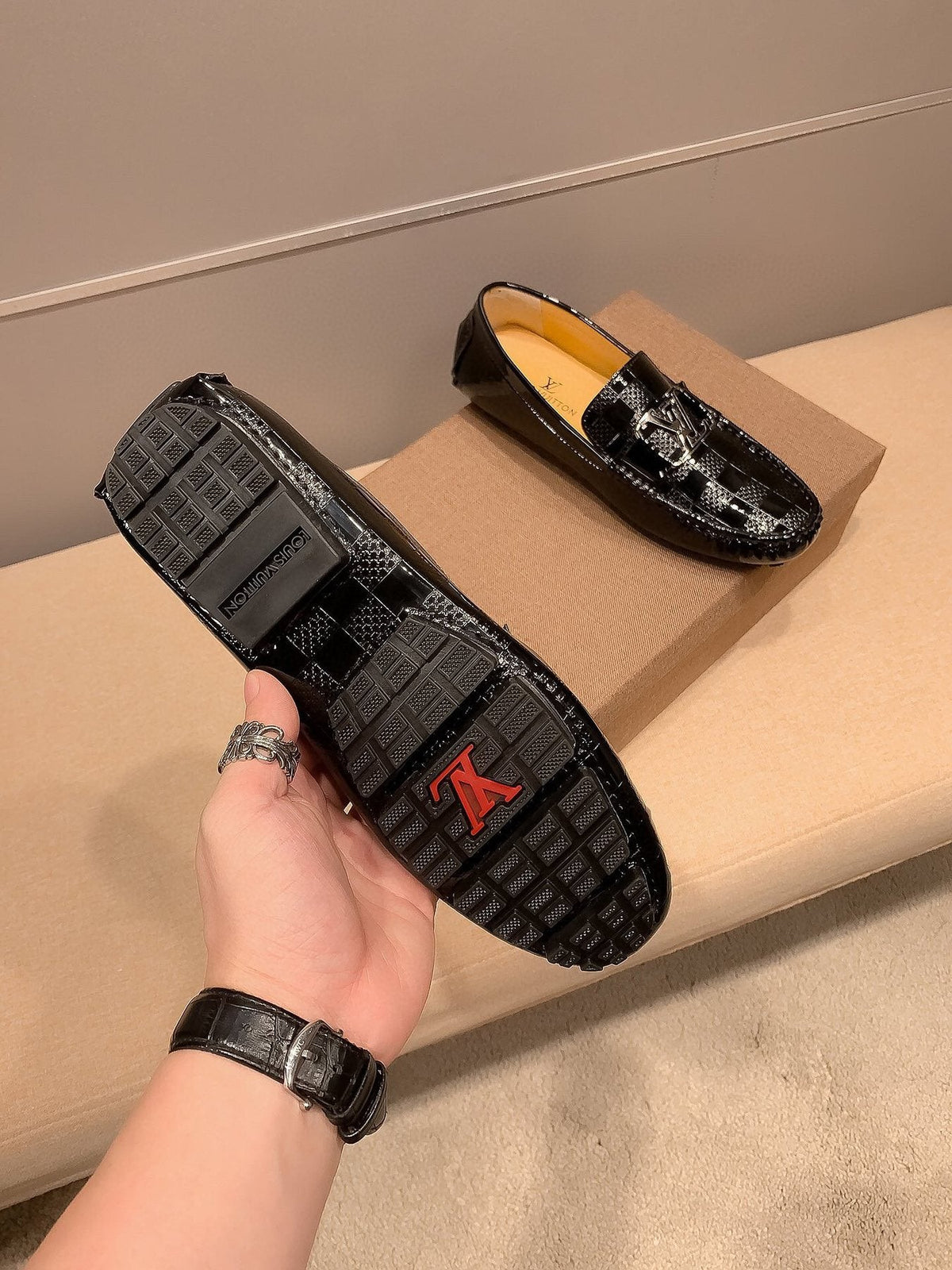 Louis Vuitton Black Glossy Buckle Loafers — detail