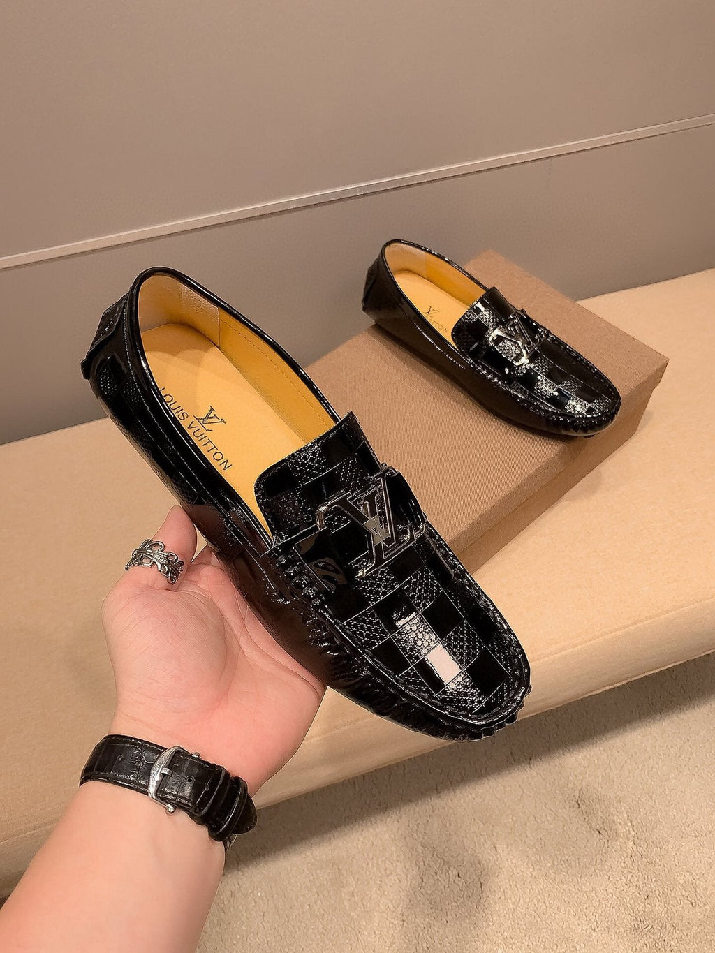 Louis Vuitton Black Glossy Buckle Loafers — model