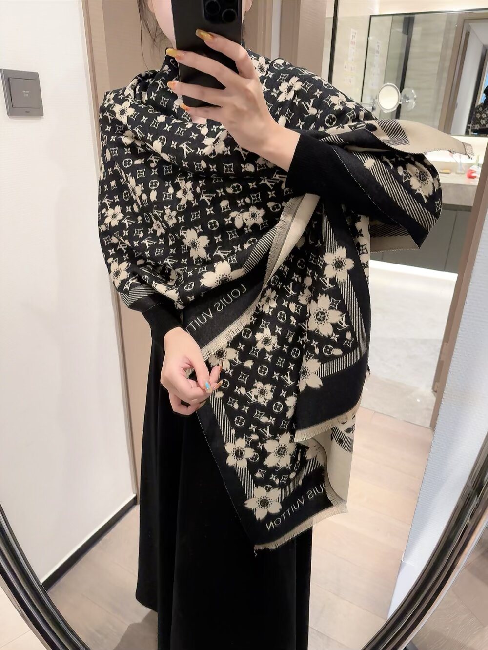 Louis Vuitton Floral Fringed Scarf — model