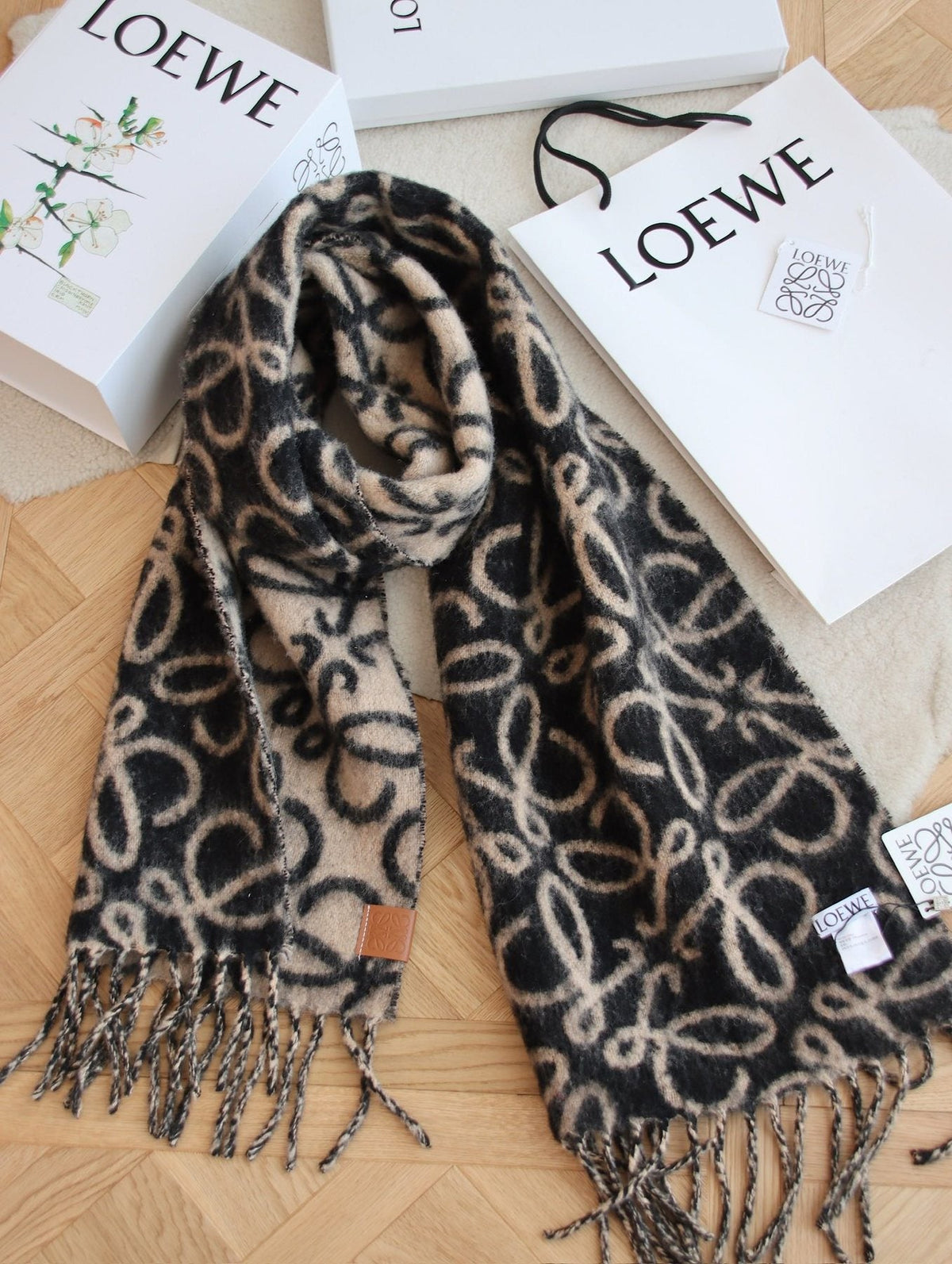 Loewe Beige and Black Patterned Fringe Scarf — front