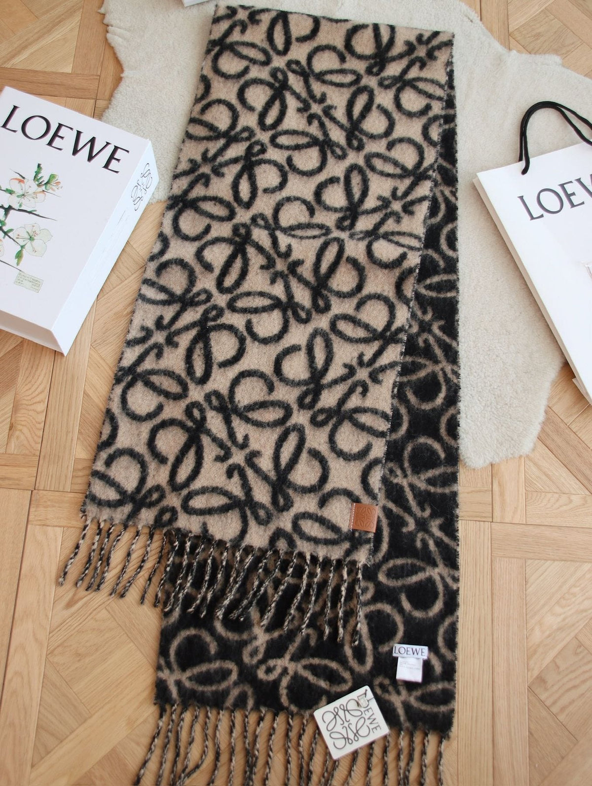 Loewe Black & Tan Motif Fringe Scarf — front