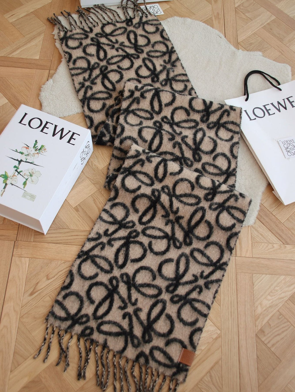 Loewe Black & Tan Motif Fringe Scarf — front