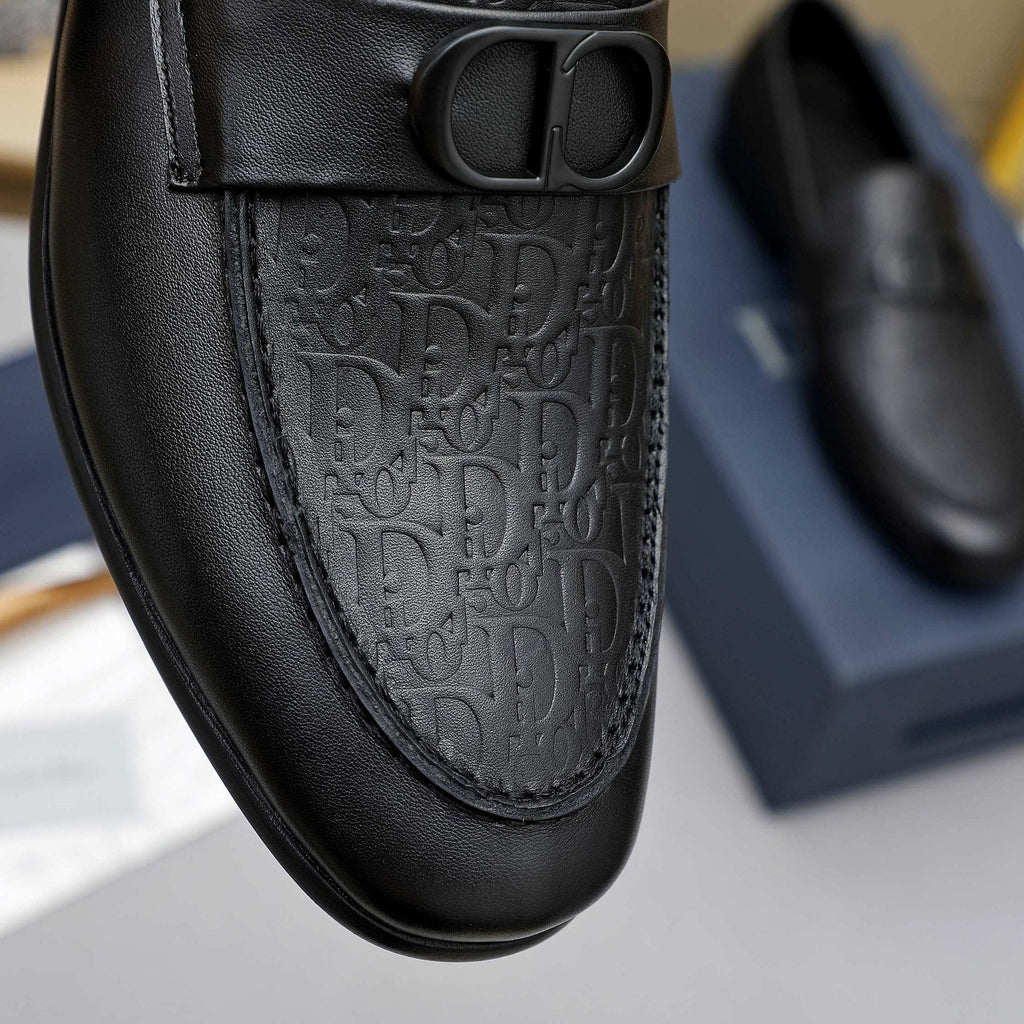 Dior Black Textured Buckle Loafers — detail