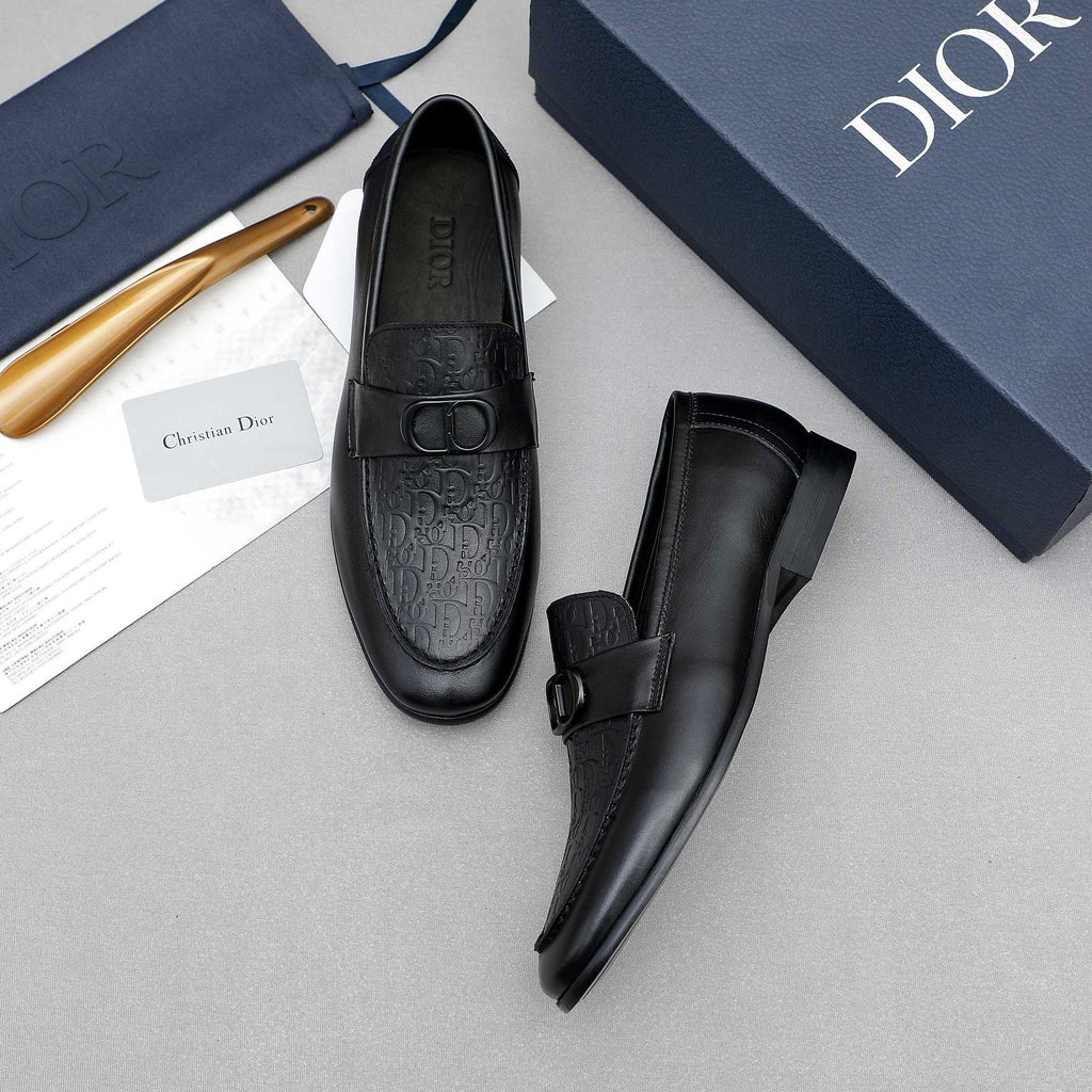 Dior Black Textured Buckle Loafers — front