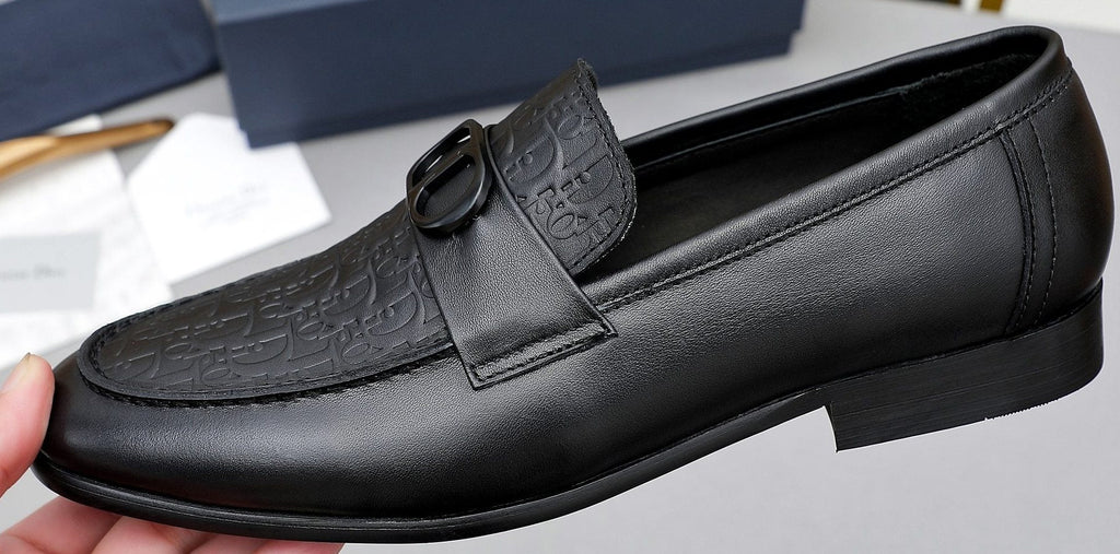 Dior Black Textured Buckle Loafers — front