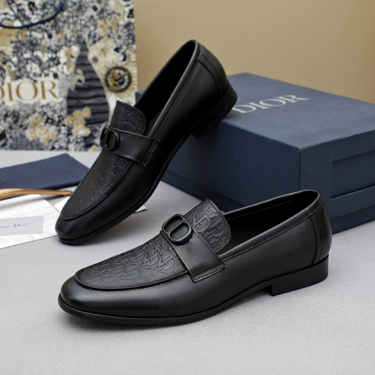 Dior Black Textured Buckle Loafers — side