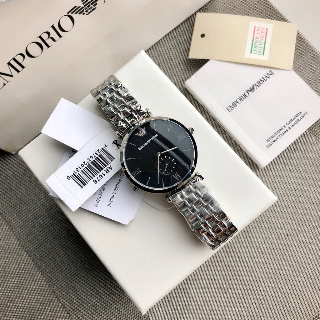 EMPORIO ARMANI Silver Black Dial Bracelet Watch — hero